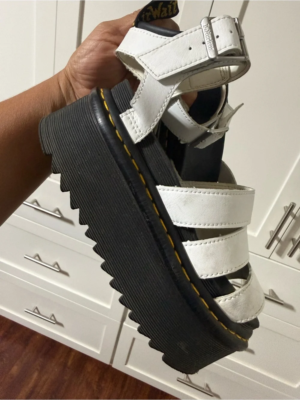 Dr. Martens White Leather Platform Gladiator Sandals with Yellow Stitching